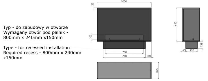 Technische Zeichnung Bioethanol Einbau Eckkamin Ecke Einbaukamin Ofen ETRONIC BASIC Links 1000 InFire Automatisch Pumpe App Fernbedienung SmartFire