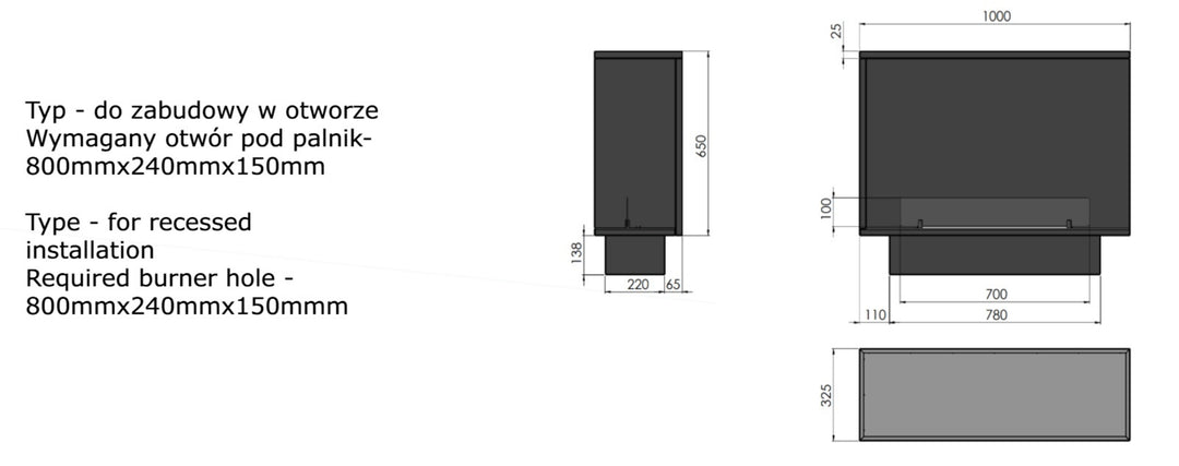 Technische Zeichnung Bioethanol Einbau Eckkamin Ecke Einbaukamin Ofen ETRONIC BASIC Rechts 1000 InFire Automatisch Pumpe App Fernbedienung SmartFire