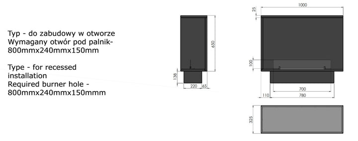 Technische Zeichnung Bioethanol Einbau Eckkamin Ecke Einbaukamin Ofen ETRONIC BASIC Rechts 1000 InFire Automatisch Pumpe App Fernbedienung SmartFire
