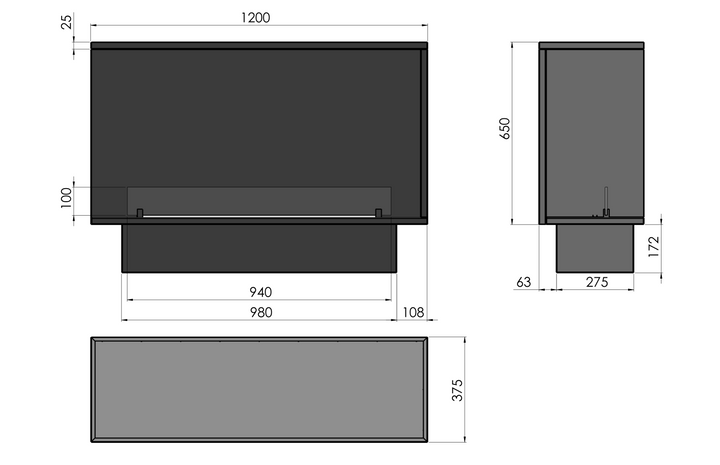 Technische Zeichnung Bioethanol Einbau Eckkamin Ecke Einbaukamin Ofen INSIDE ETRONIC L1200 120cm von InFire App Steuerung Pumpe Automatisch Fernbedienung