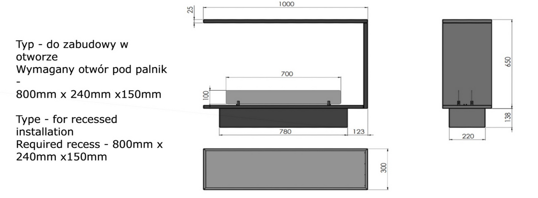 Technische Zeichnung Bioethanol Einbau Einbaukamin Dreiseitig Raumteiler ETRONIC BASIC U1000 InFire Automatisch Pumpe App Fernbedienung SmartFire