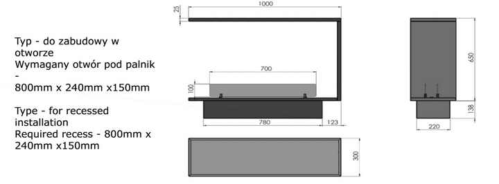 Technische Zeichnung Bioethanol Einbau Einbaukamin Dreiseitig Raumteiler ETRONIC BASIC U1000 InFire Automatisch Pumpe App Fernbedienung SmartFire