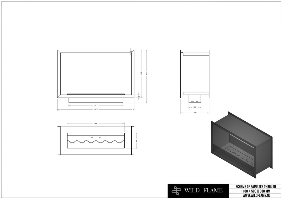 Technische Zeichnung Bioethanol Einbau Tunnelkamin Raumteiler Zweiseitig FAME 110x50x30cm Schwarz mit Glas Wild Flame