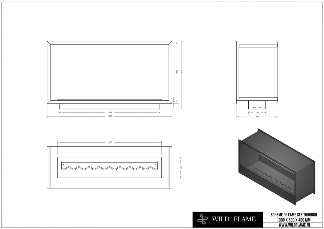 Technische Zeichnung Bioethanol Einbau Tunnelkamin Raumteiler Zweiseitig FAME 130x60x40cm Schwarz mit Glas Wild Flame
