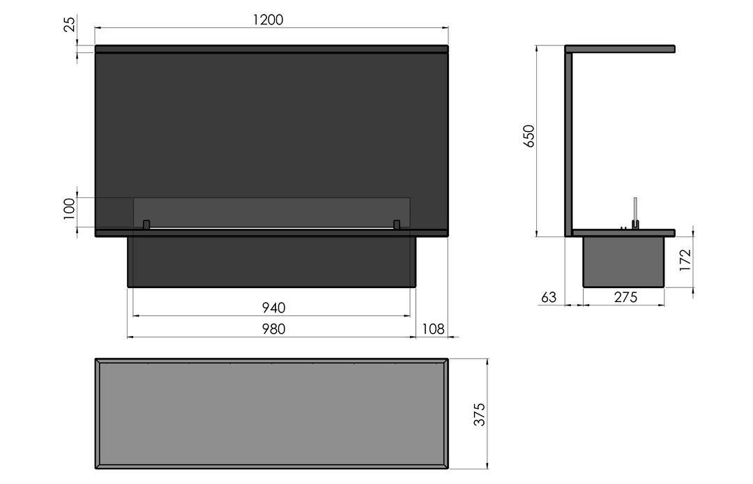 Technische Zeichnung Bioethanol Einbaukamin Dreiseitig Raumteiler INSIDE ETRONIC C1200 120cm von InFire App Steuerung Pumpe Automatisch Fernbedienung