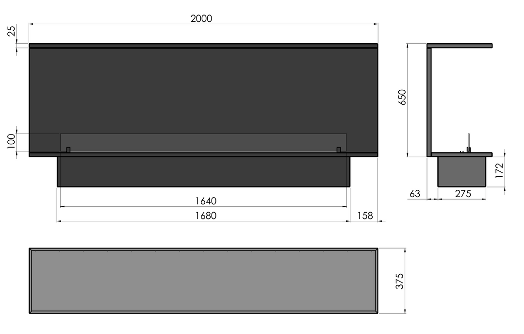 Technische Zeichnung Bioethanol Einbaukamin Dreiseitig Raumteiler INSIDE ETRONIC C1200 200cm von InFire App Steuerung Pumpe Automatisch Fernbedienung