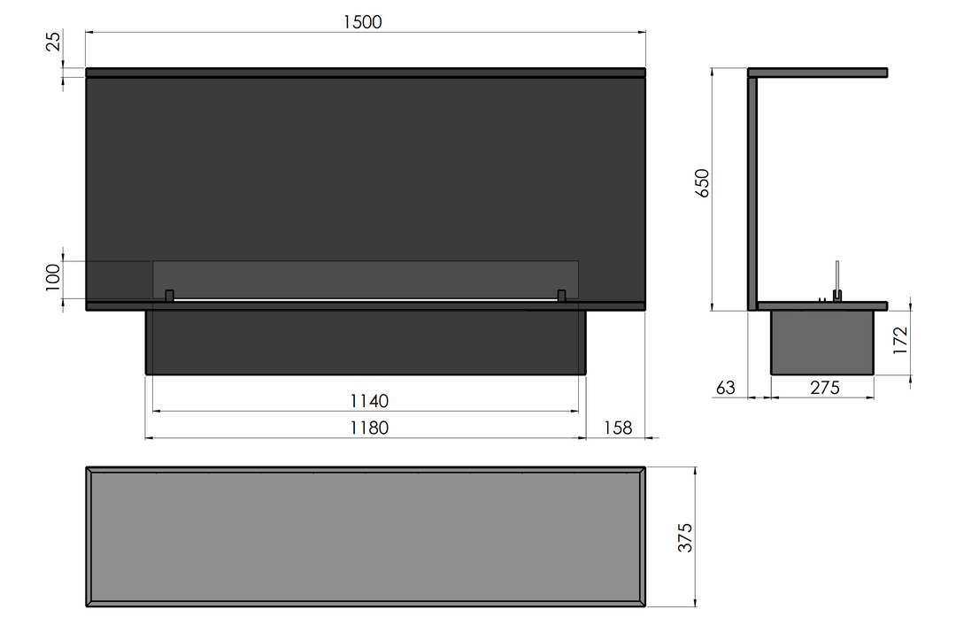 Technische Zeichnung Bioethanol Einbaukamin Dreiseitig Raumteiler INSIDE ETRONIC C1500 150cm von InFire App Steuerung Pumpe Automatisch Fernbedienung