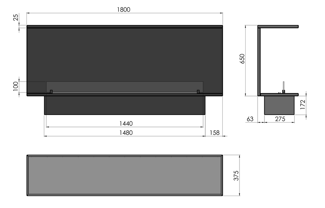 Technische Zeichnung Bioethanol Einbaukamin Dreiseitig Raumteiler INSIDE ETRONIC C1800 180cm von InFire App Steuerung Pumpe Automatisch Fernbedienung