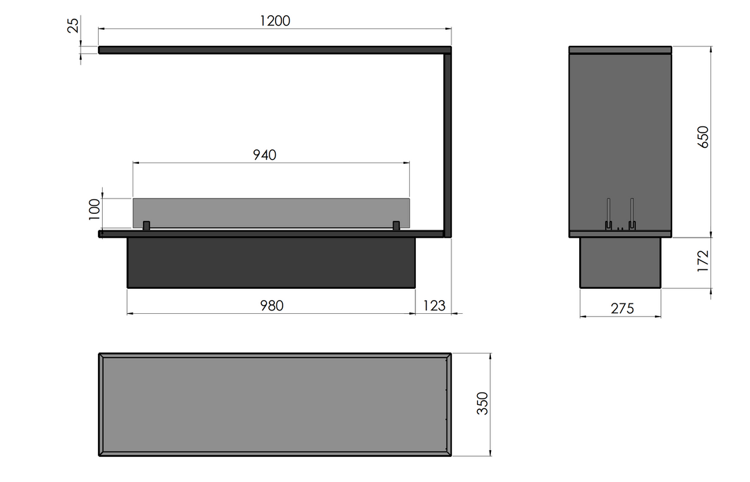 Technische Zeichnung Bioethanol Einbaukamin Dreiseitig Raumteiler INSIDE ETRONIC U1200 120cm von InFire App Steuerung Pumpe Automatisch Fernbedienung