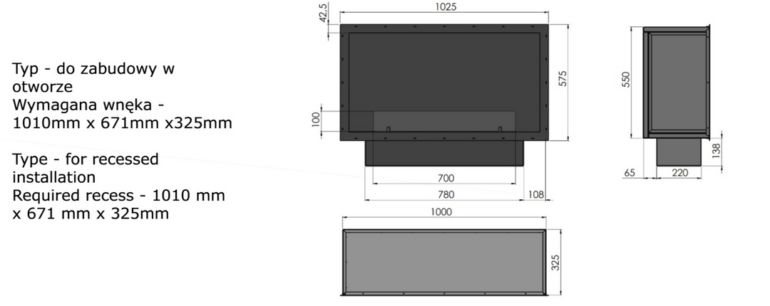 Technische Zeichnung Bioethanol Einbaukamin Einbau Kamin Ofen ETRONIC BASIC INSIDE 1000 InFire Automatisch Pumpe App Fernbedienung SmartFire