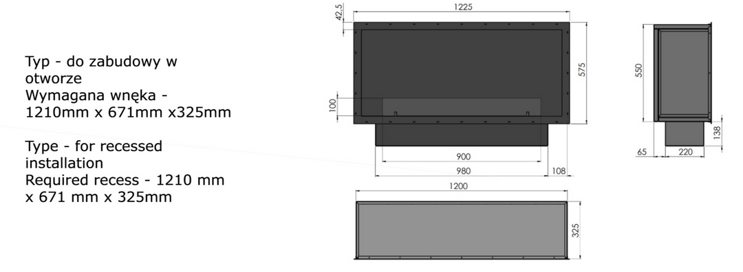 Technische Zeichnung Bioethanol Einbaukamin Einbau Kamin Ofen ETRONIC BASIC INSIDE 1200 InFire Automatisch Pumpe App Fernbedienung SmartFire
