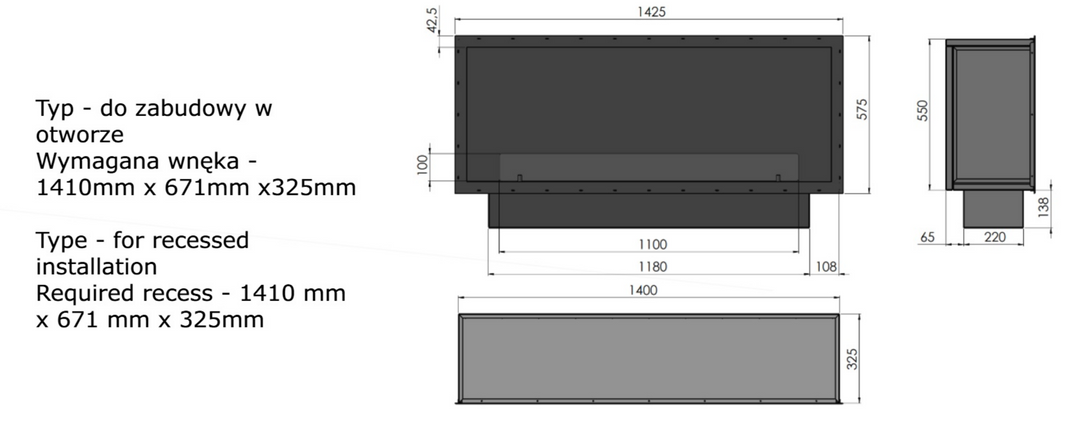 Technische Zeichnung Bioethanol Einbaukamin Einbau Kamin Ofen ETRONIC BASIC INSIDE 1400 InFire Automatisch Pumpe App Fernbedienung SmartFire