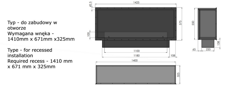 Technische Zeichnung Bioethanol Einbaukamin Einbau Kamin Ofen ETRONIC BASIC INSIDE 1400 InFire Automatisch Pumpe App Fernbedienung SmartFire