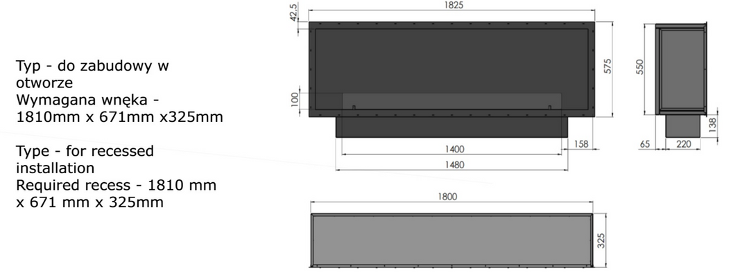 Technische Zeichnung Bioethanol Einbaukamin Einbau Kamin Ofen ETRONIC BASIC INSIDE 1800 InFire Automatisch Pumpe App Fernbedienung SmartFire