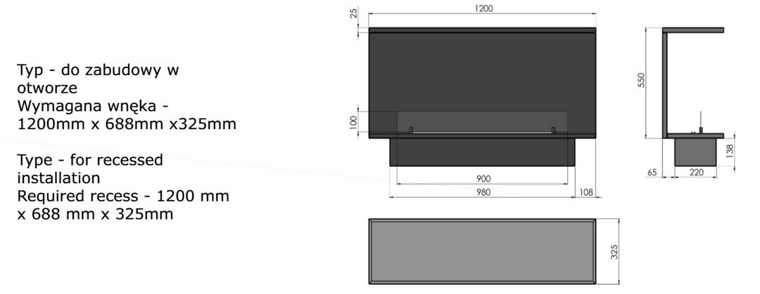Technische Zeichnung Bioethanol Einbaukamin Einbau Kamin Ofen ETRONIC BASIC INSIDE C1200 InFire Automatisch Pumpe App Fernbedienung SmartFire