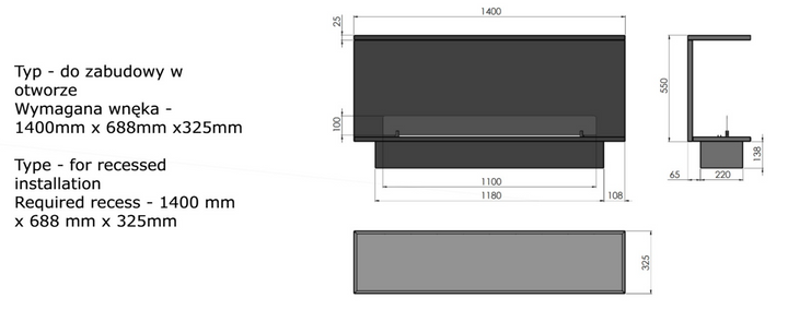 Technische Zeichnung Bioethanol Einbaukamin Einbau Kamin Ofen ETRONIC BASIC INSIDE C1400 InFire Automatisch Pumpe App Fernbedienung SmartFire
