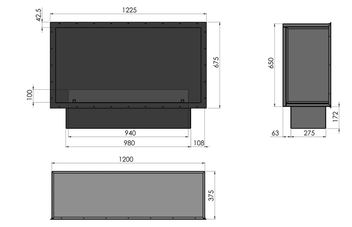 Technische Zeichnung Bioethanol Einbaukamin Ofen Einbau Kamin INSIDE ETRONIC 1200 120cm von InFire App Steuerung Pumpe Automatisch Fernbedienung