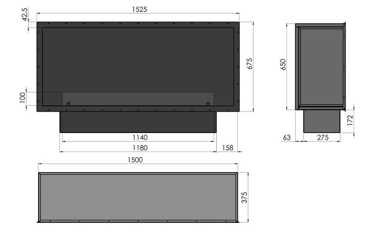Technische Zeichnung Bioethanol Einbaukamin Ofen Einbau Kamin INSIDE ETRONIC 1500 150cm von InFire App Steuerung Pumpe Automatisch Fernbedienung