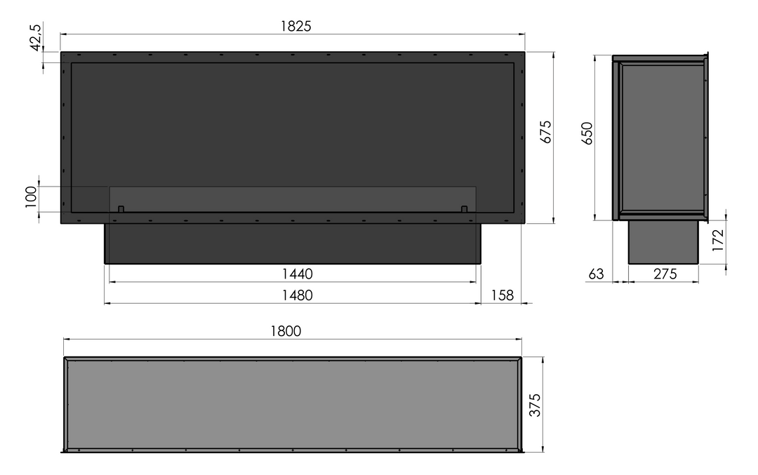Technische Zeichnung Bioethanol Einbaukamin Ofen Einbau Kamin INSIDE ETRONIC 1800 180cm von InFire App Steuerung Pumpe Automatisch Fernbedienung