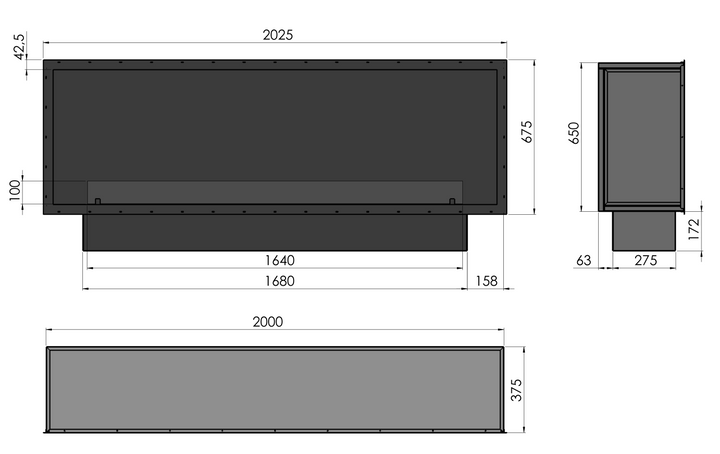 Technische Zeichnung Bioethanol Einbaukamin Ofen Einbau Kamin INSIDE ETRONIC 2000 200cm von InFire App Steuerung Pumpe Automatisch Fernbedienung