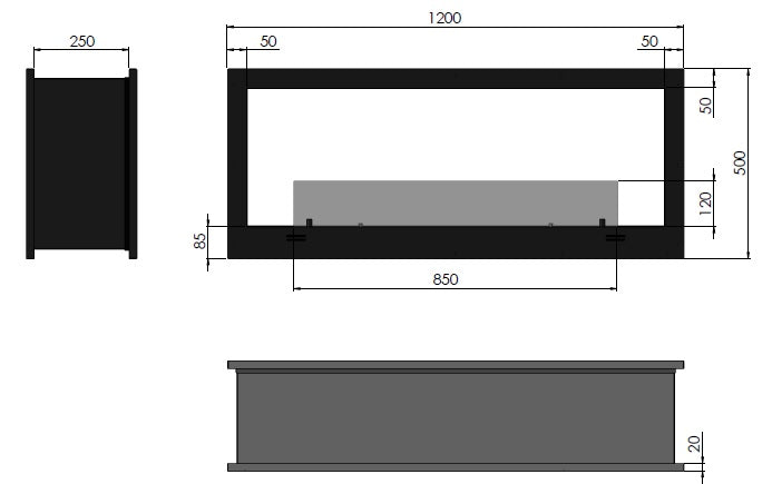 Technische Zeichnung für Bioethanol Tunnelkamin Raumteiler 2SIDE 1200 von InFire Einbau Kamin