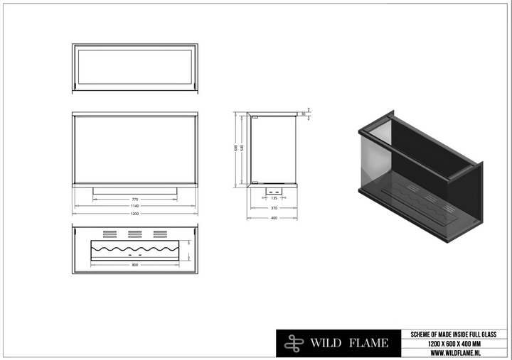 Technische Zeichnung Dreiseitiger Bioethanol Einbaukamin Einbau Kamin Raumteiler Vollverglasung MATE 120cm Vollglas Raumtrenner Ethanol Ofen