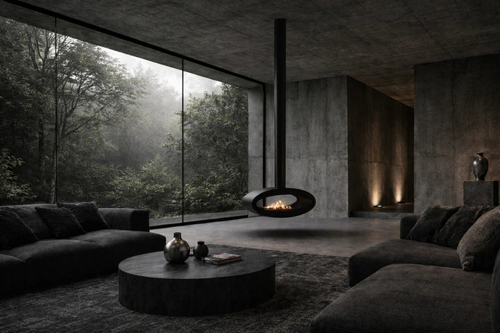 Bioethanol Deckenkamin Haengekamin Decke Kamin Ethanol Deckenmontage TUBE 2Side 100cm Wild Flame Wohnzimmer Beton Brutalist Modern