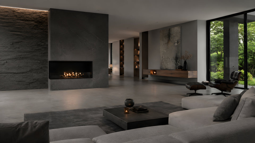 Bioethanol Eckkamin BASE Links 110cm mit Glas - Luxuriöses Wohnzimmer
