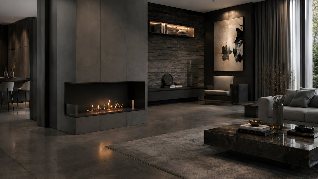 Bioethanol Eckkamin BASE Links 140cm mit Glas - Luxuriöses Wohnzimmer