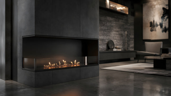 Bioethanol Eckkamin BASE Links 140cm mit Glas - Modernes Wohnzimmer