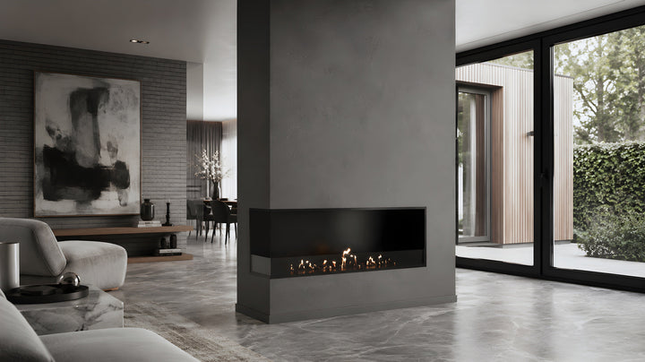 Bioethanol Eckkamin BASE Links 150cm mit Glas - Luxuriöses Wohnzimmer