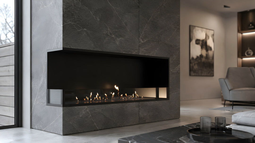 Bioethanol Eckkamin BASE Links 150cm mit Glas - Modernes Wohnzimmer