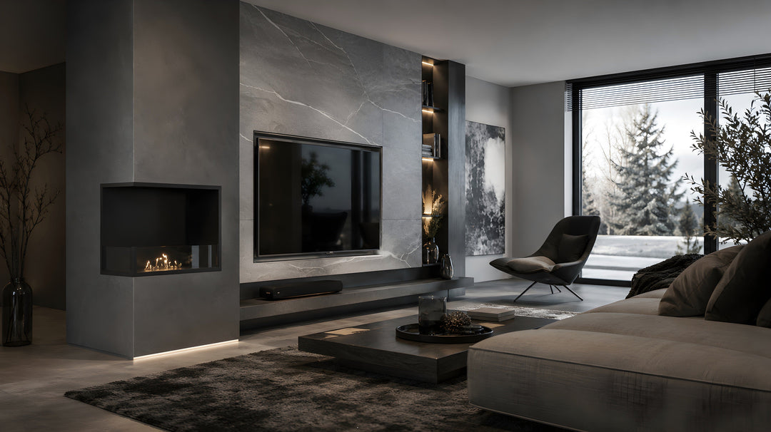 Bioethanol Eckkamin BASE Links 60cm mit Glas - Luxuriöses Wohnzimmer