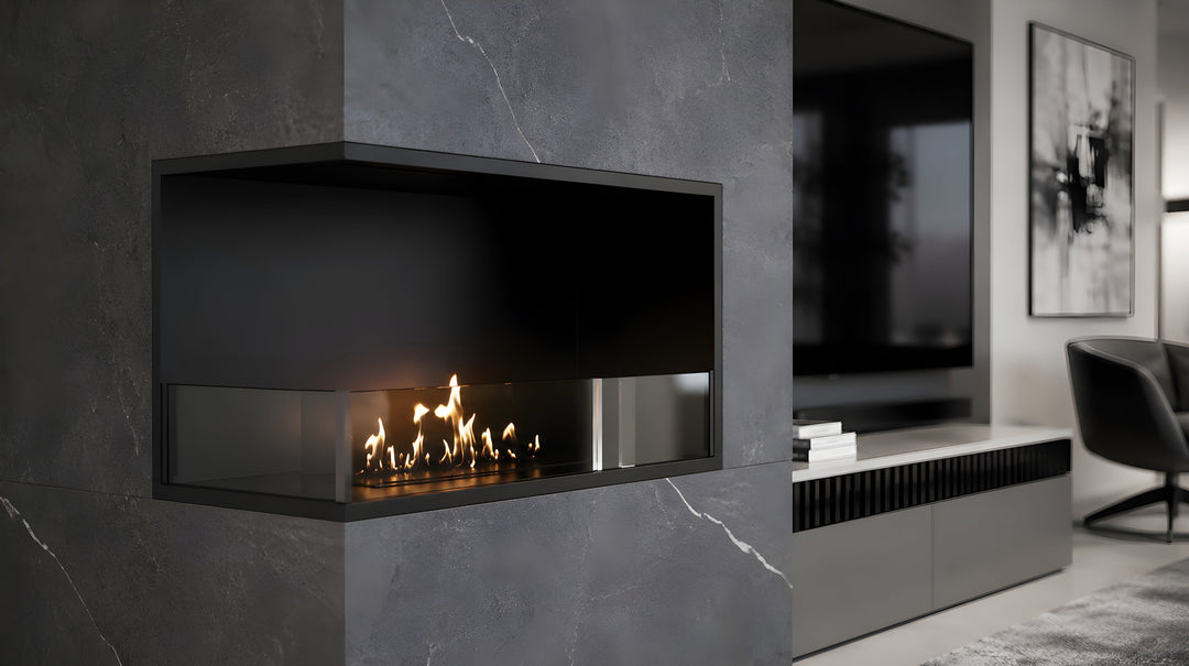 Bioethanol Eckkamin BASE Links 70cm mit Glas - Luxuriöses Wohnzimmer
