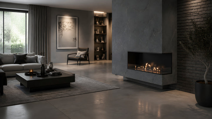Bioethanol Eckkamin BASE Rechts 100cm mit Glas - Luxuriöses Wohnzimmer