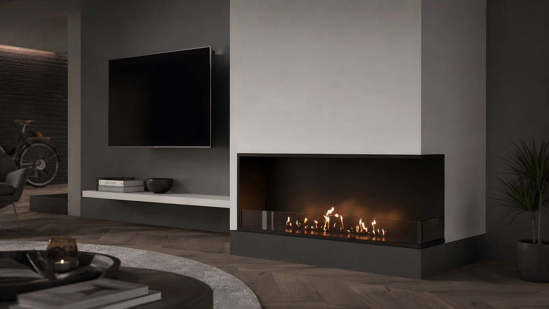 Bioethanol Eckkamin BASE Rechts 110cm mit Glas - Luxuriöses Wohnzimmer