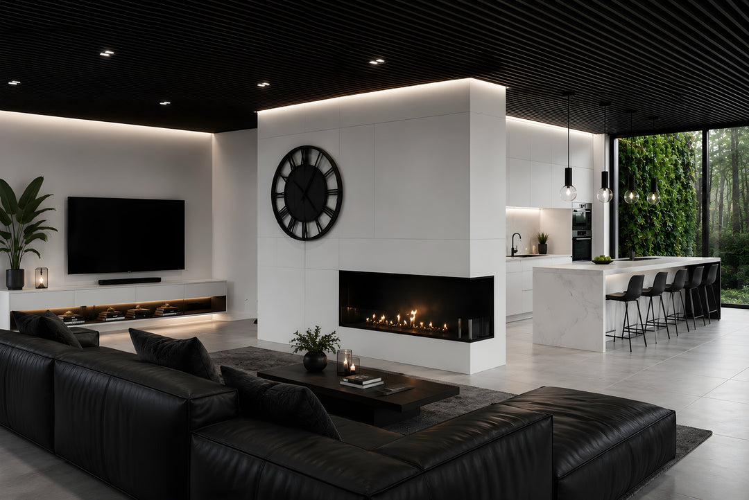 Bioethanol Eckkamin BASE Rechts 130cm mit Glas - Luxuriöses Wohnzimmer