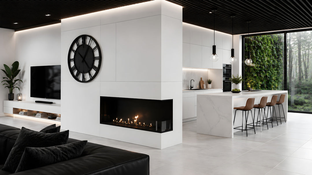Bioethanol Eckkamin BASE Rechts 130cm mit Glas - Modernes Wohnzimmer