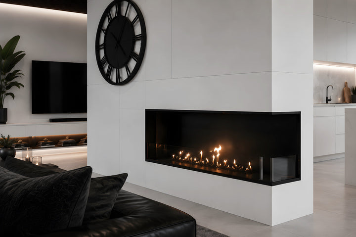 Bioethanol Eckkamin BASE Rechts 130cm mit Glas - Wohnbereich