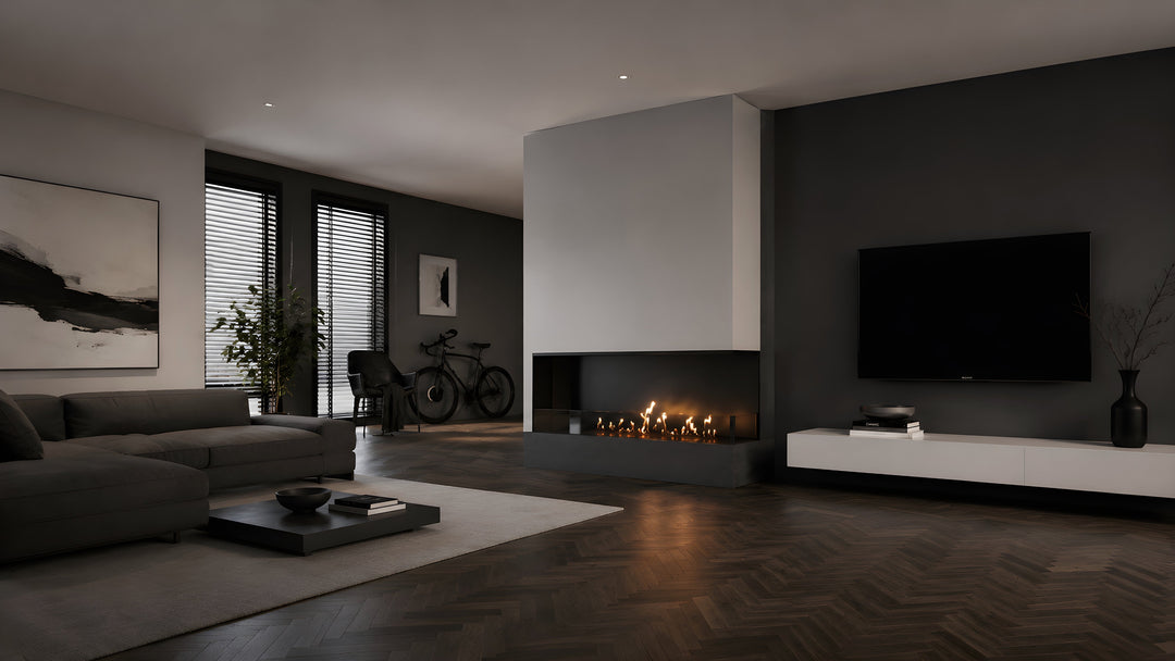 Bioethanol Eckkamin BASE Rechts 140cm mit Glas - Luxuriöses Wohnzimmer