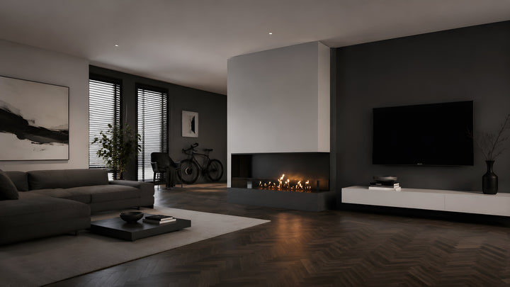 Bioethanol Eckkamin BASE Rechts 140cm mit Glas - Luxuriöses Wohnzimmer