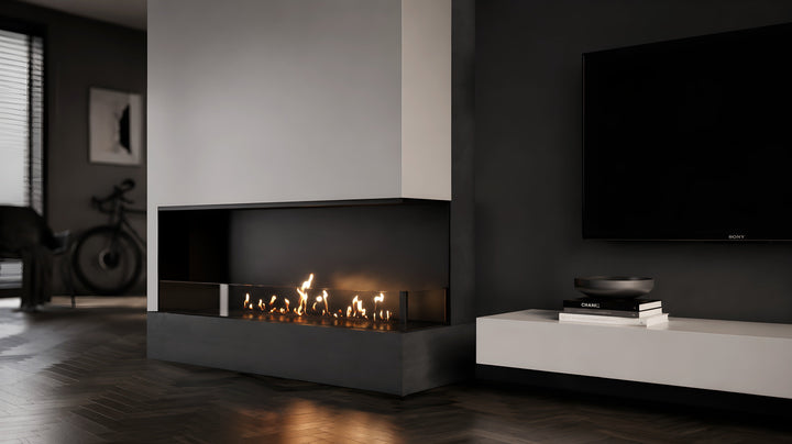Bioethanol Eckkamin BASE Rechts 140cm mit Glas - Modernes Wohnzimmer