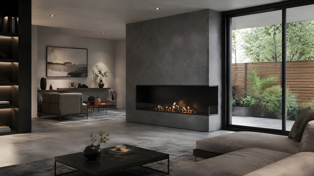 Bioethanol Eckkamin BASE Rechts 150cm mit Glas - Luxuriöses Wohnzimmer