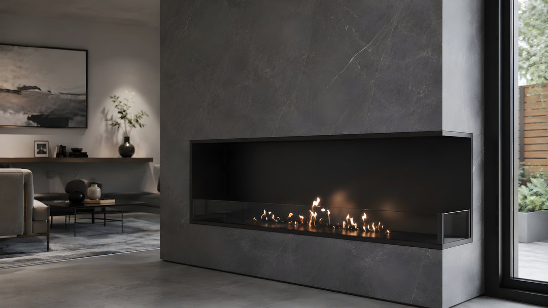 Bioethanol Eckkamin BASE Rechts 150cm mit Glas - Modernes Wohnzimmer
