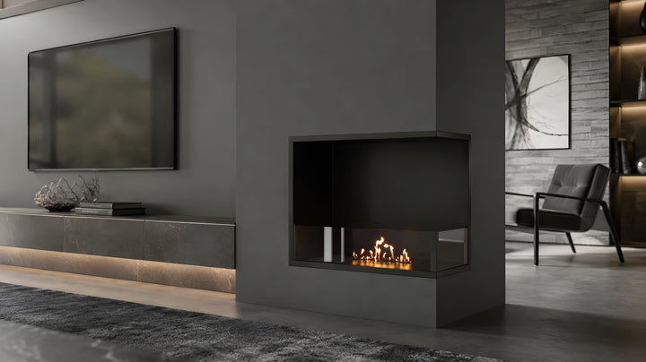 Bioethanol Eckkamin BASE Rechts 60cm mit Glas - Modernes Wohnzimmer