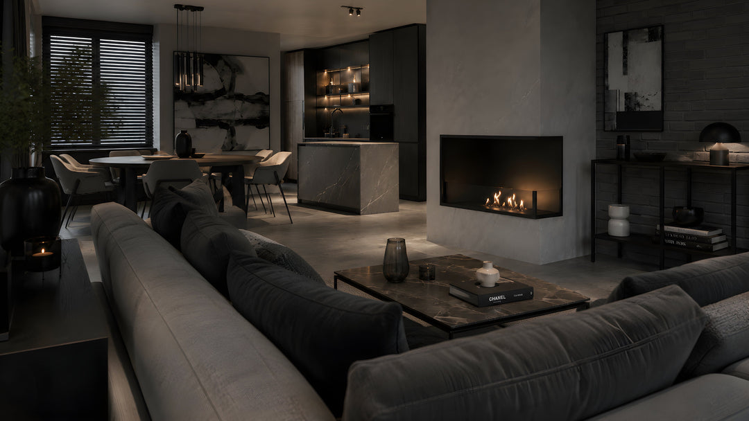 Bioethanol Eckkamin BASE Rechts 70cm mit Glas - Luxuriöses Wohnzimmer