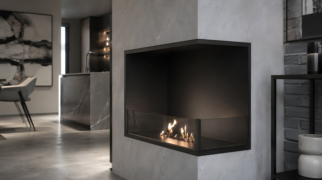 Bioethanol Eckkamin BASE Rechts 70cm mit Glas - Modernes Wohnzimmer