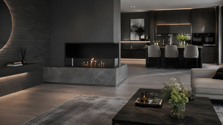 Bioethanol Eckkamin BASE Rechts 90cm mit Glas - Modernes Wohnzimmer