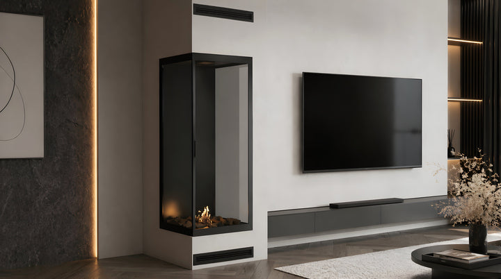 Bioethanol Eckkamin BASE Vertikal Vollglas Links 60x100 - Detailansicht