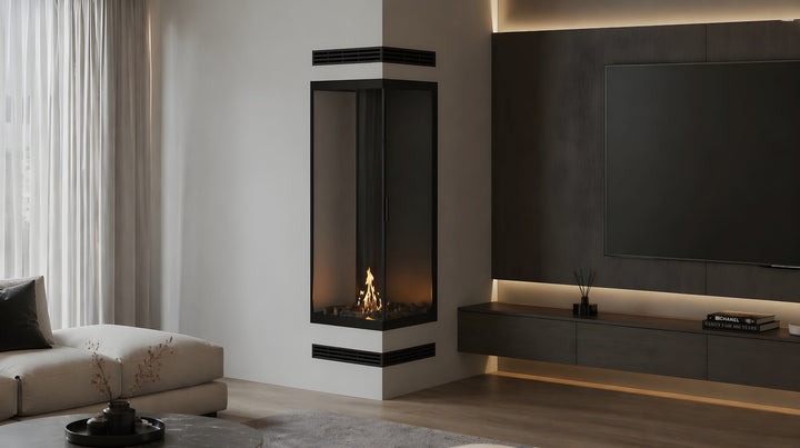 Bioethanol Eckkamin BASE Vertikal Vollglas Links 60x120 - Einbauansicht